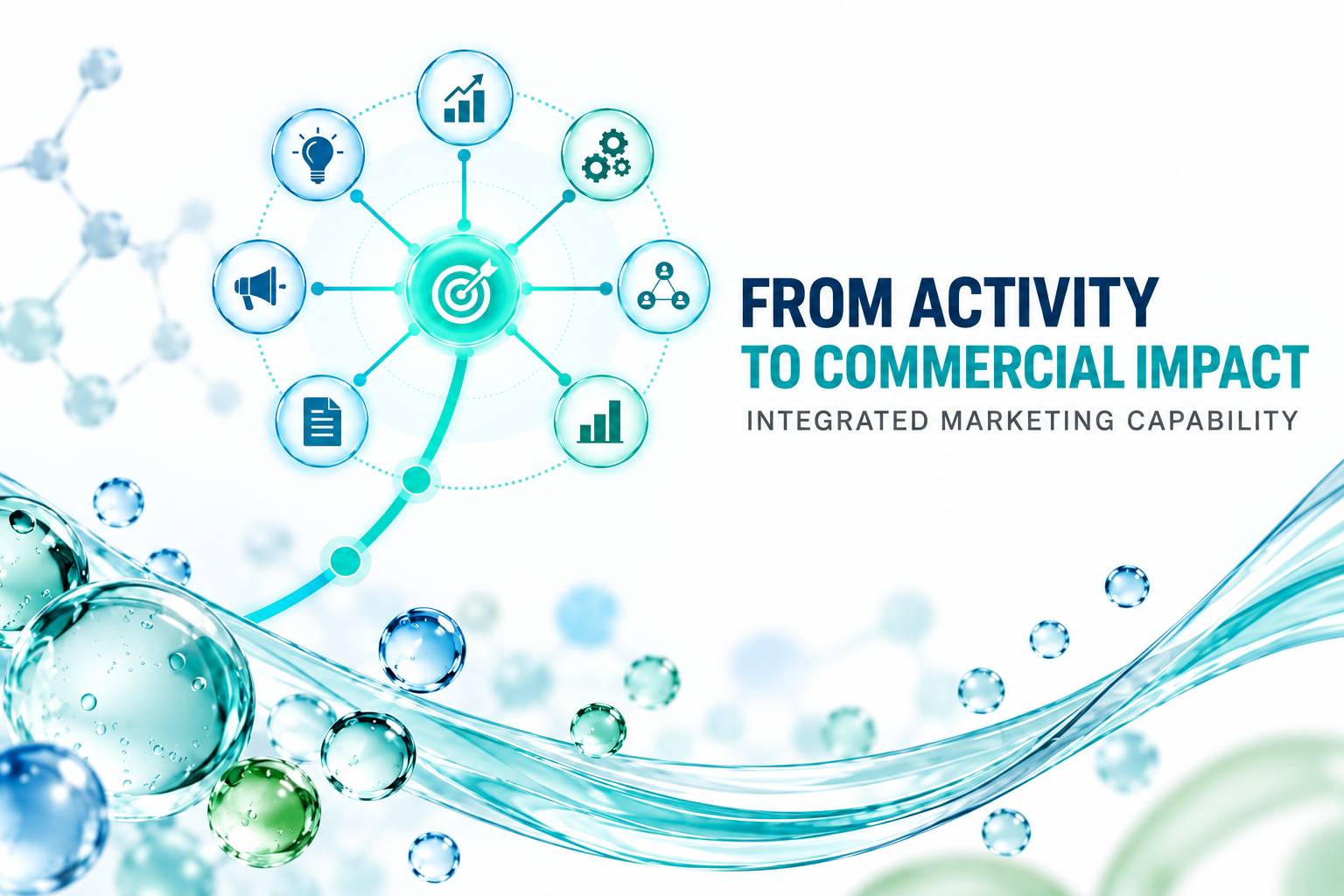 Illustration connecting marketing channels and teams to commercial impact